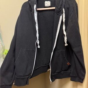 Unisex Black Zip-Up Hoodie with White Drawstrings